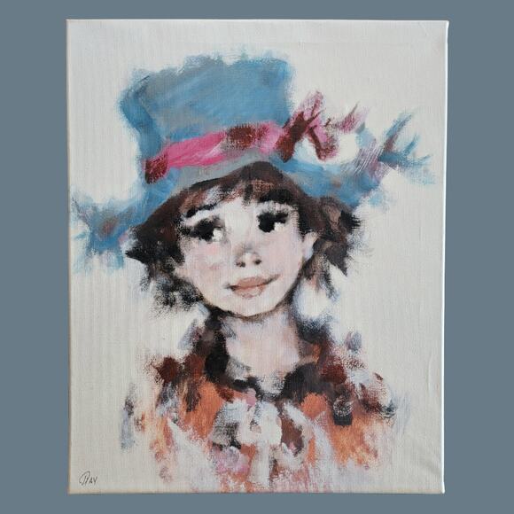 Vintage 1960s Koros Style Young Person In a Blue Hat, Unframed - Picture 1 of 6